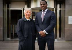 ADF Rose Docherty and Legal Counsel for ADF International Jeremiah Igunnubole outside Glasgow Sheriff Court