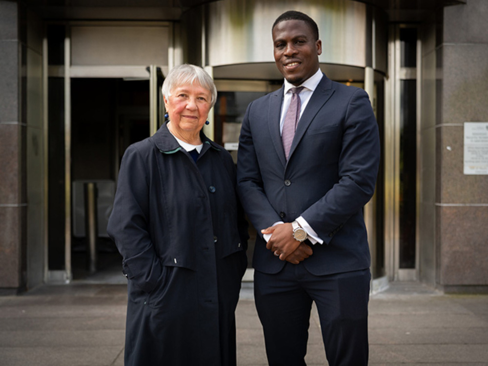 ADF Rose Docherty and Legal Counsel for ADF International Jeremiah Igunnubole outside Glasgow Sheriff Court